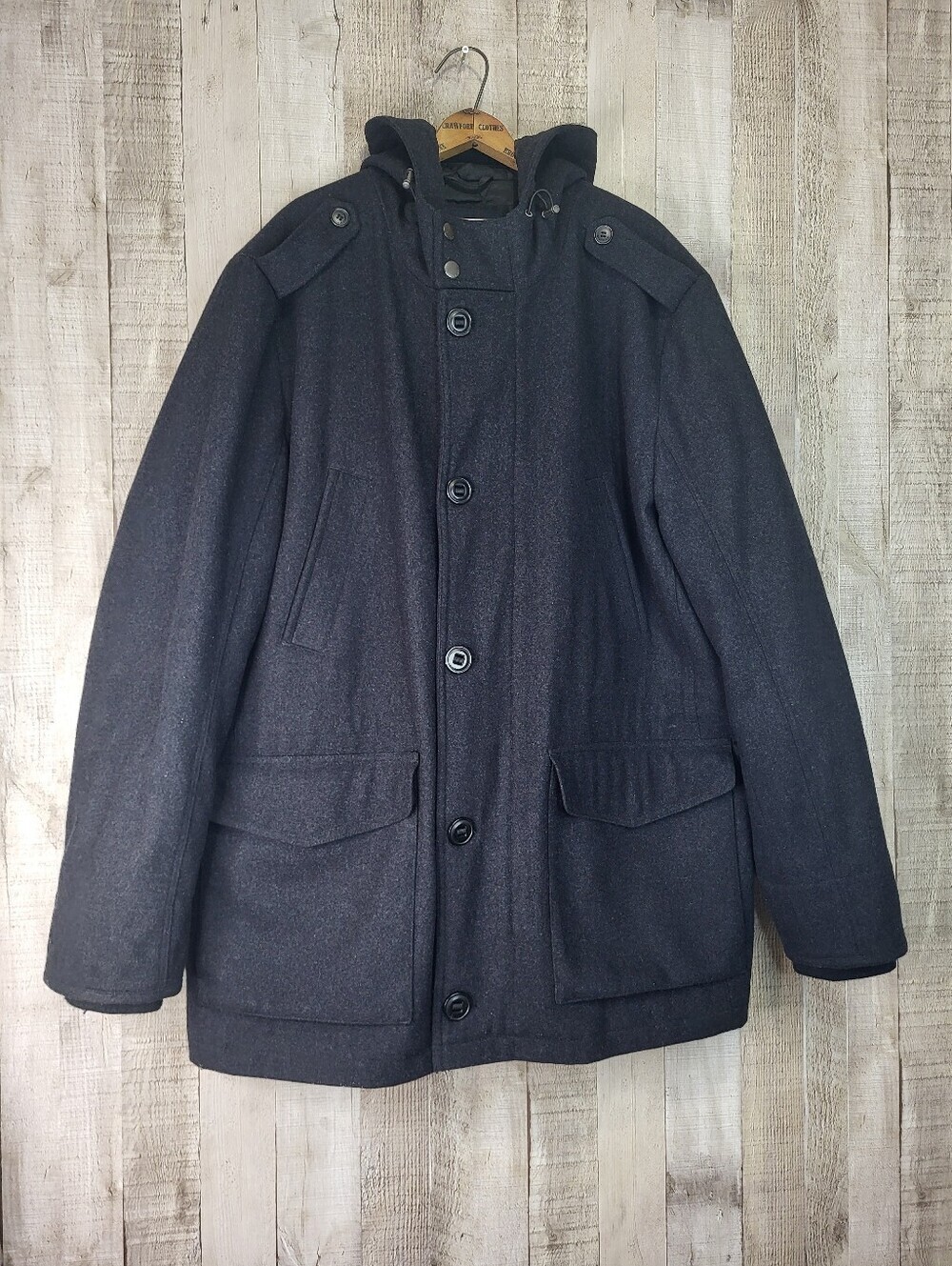 Tommy Hilfiger Men's Dark Gray Hooded Pea Coat. Size XXL. Wool Blend